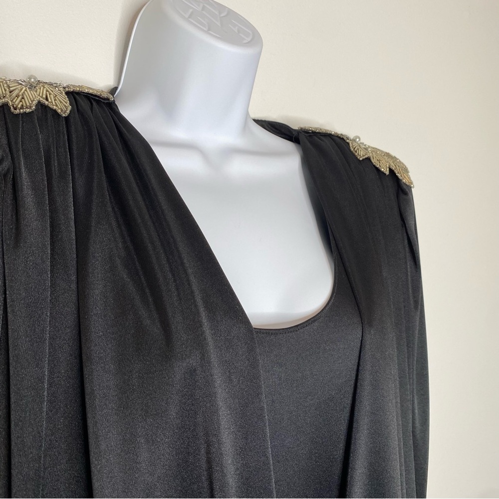 David Rose Vintage 1980's Black Sequin Beaded Shoulder Midi Gown